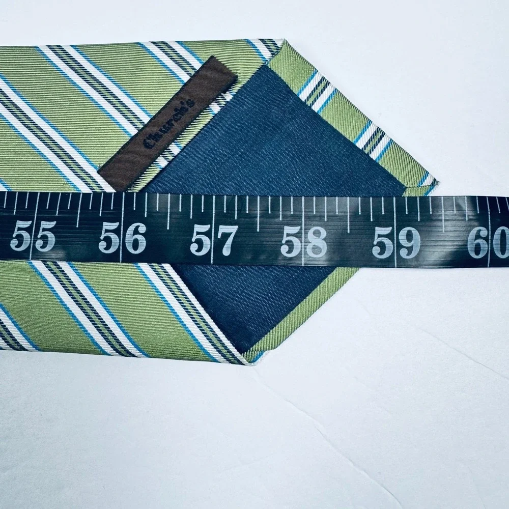 Churchs‎ Tie Green Blue White Diagonal Striped Classic Necktie Preppy Wedding